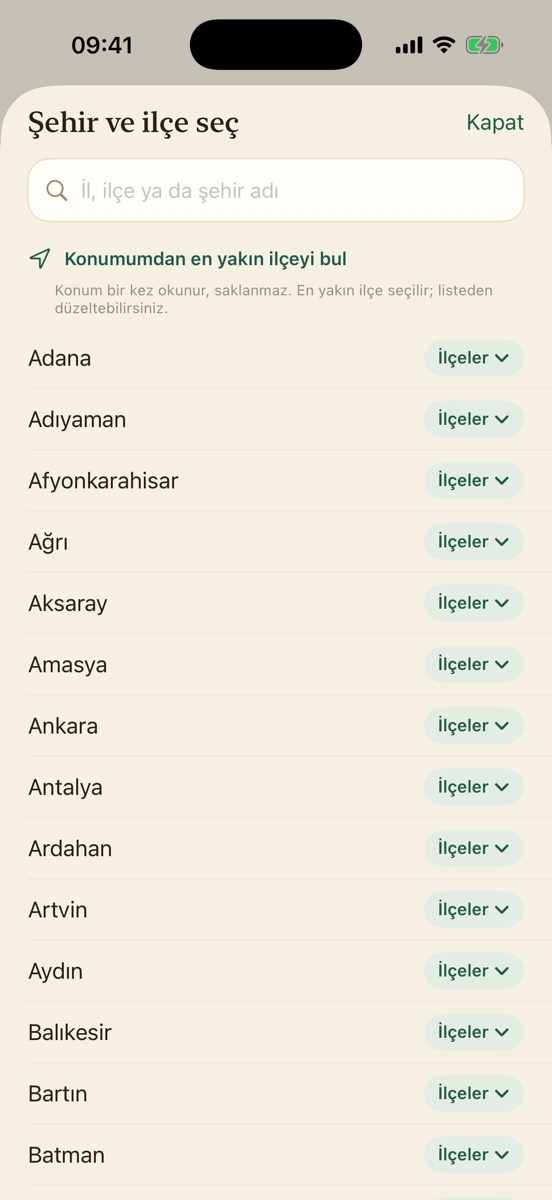 İl ve ilçe seçme ekranı
